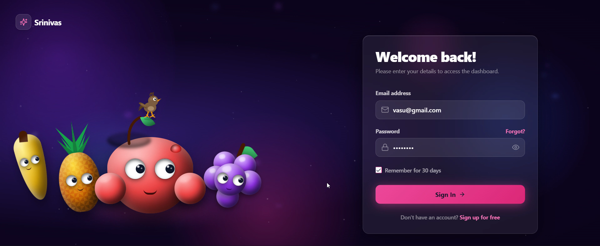Fruits Login Page